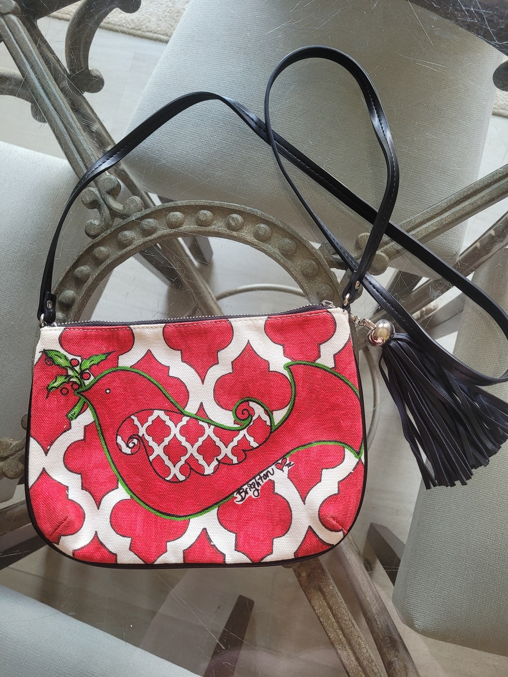 Brighton Christmas Red, White and Black Bird Crossbody with Tassel Charm